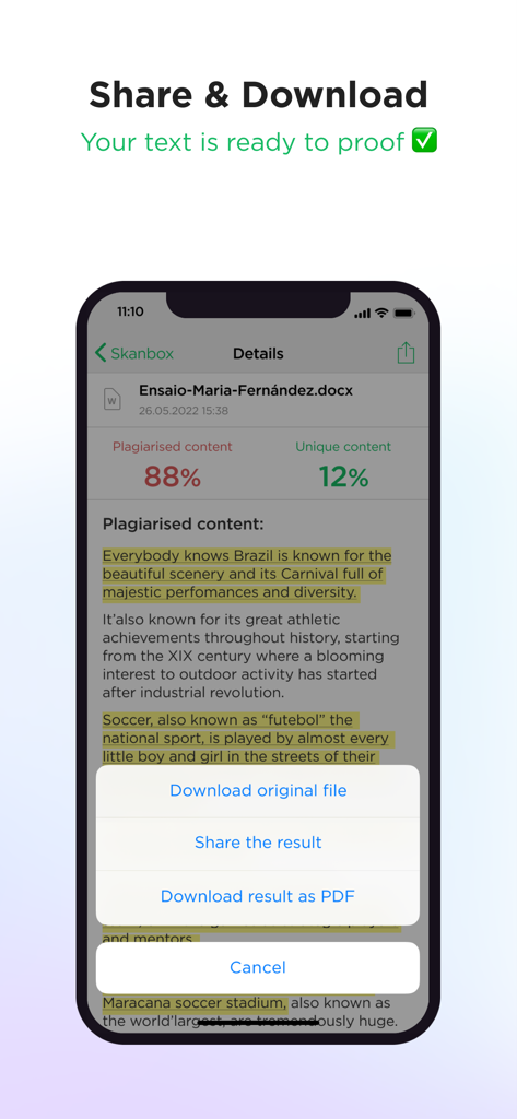 Skandy AI - Plagiarism Checker - Pantalla del informe de plagio de Skandy AI con opciones para compartir y descargar el resultado como PDF