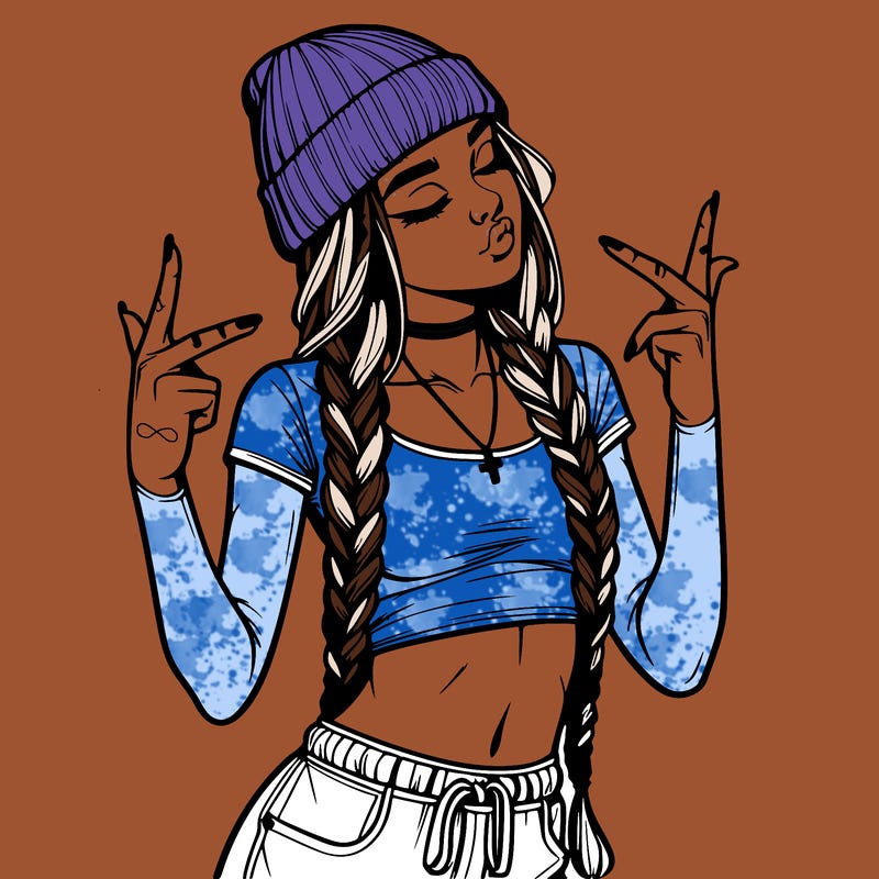 realistic teenage girl with braids and a beanie and crop top doing 🫶🏼