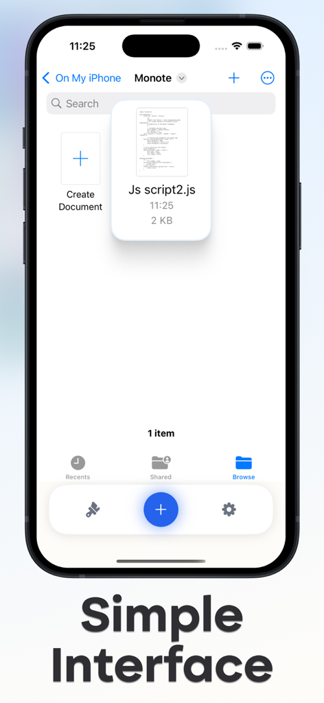 Monote: Text Edit - Editor - Monote mobile app simple interface showing a file browser with a JavaScript script file