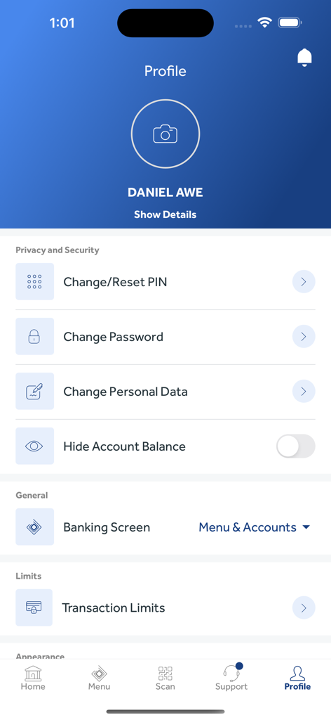 User profile and account settings screen in the Access More banking app featuring privacy and security options.