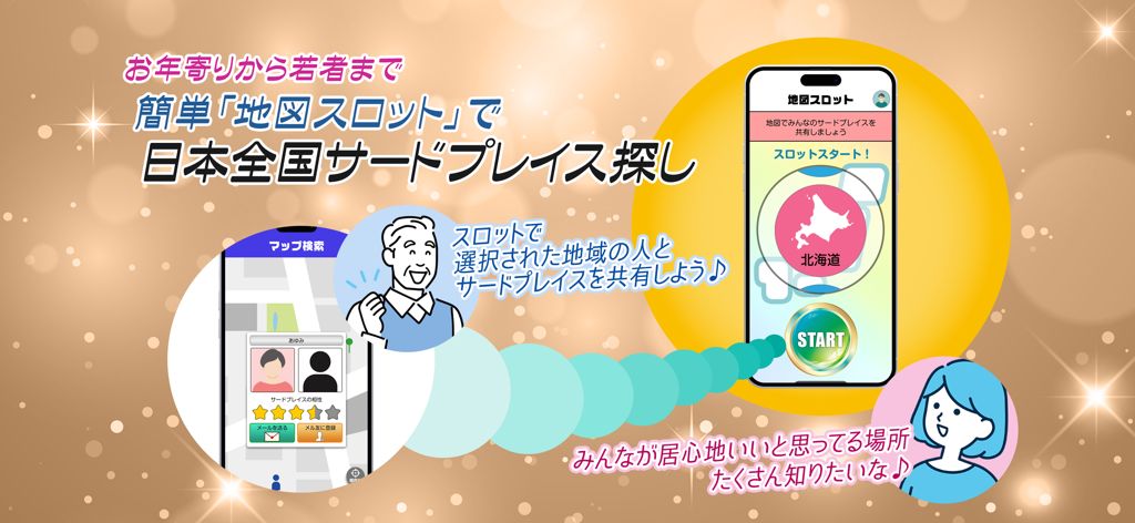 Share The Third Place - Promotional banner for Share The Third Place app featuring the map slot and friend discovery tools.