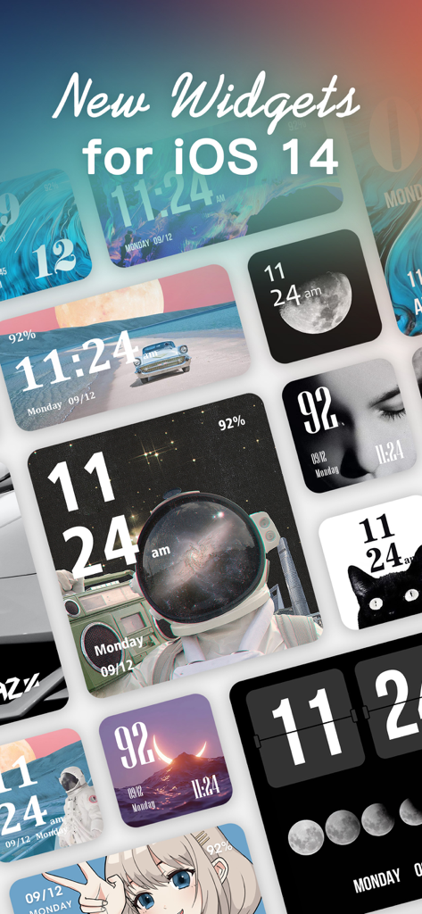 Una colección de widgets estéticos personalizados para iOS que incluyen diseños con astronautas, anime, gatos y relojes minimalistas