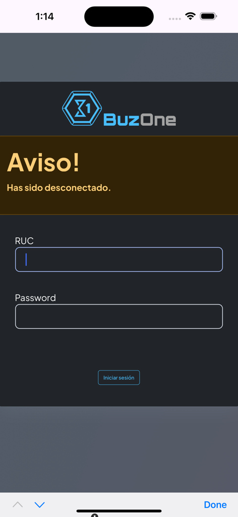 Buzone - Pantalla de inicio de sesión de la aplicación Buzone que muestra campos de entrada de RUC y contraseña para profesionales fiscales