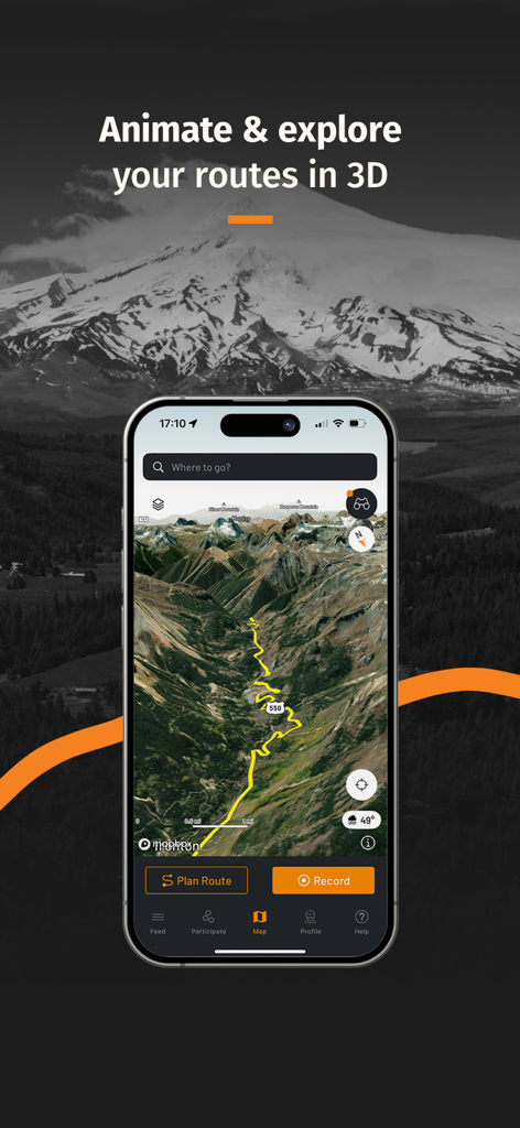 Smartphone displaying a 3D mountain route on the REVER motorcycle GPS app