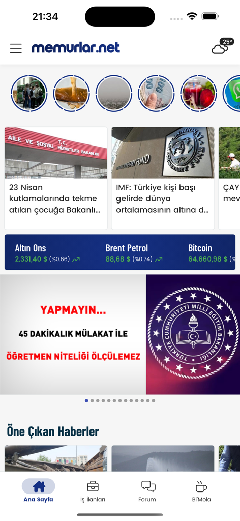 Memurlar.net: Maaş, Ilan, Kamu - Home screen of the Memurlar.net mobile app displaying Turkish news headlines and financial market data