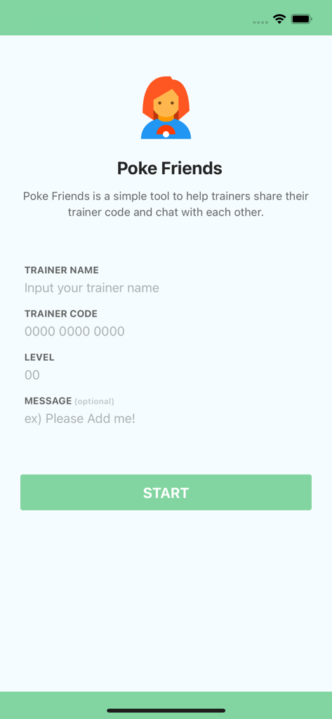 Profil-Einrichtungsbildschirm für die Poke Friends App mit Feldern für Trainernamen, Trainercode und Level
