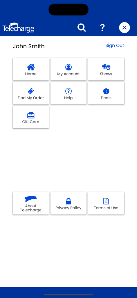 Telecharge app user menu with icons for account settings, show listings, ticket orders, and deals.