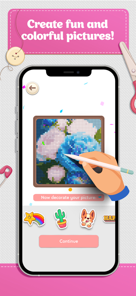Cross Stitch Coloring Art - A mobile app interface showing a blue floral cross-stitch pattern being decorated with stickers like a cactus and a corgi.