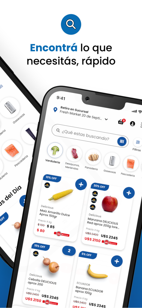 Devoto - Devotoモバイルアプリのインターフェース。食料品の商品カテゴリとスペイン語の検索バーが表示されています。