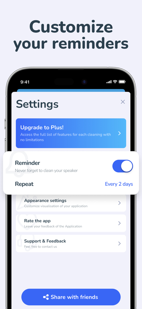 Water Eject・Speaker Cleaner AI - Settings screen of the Water Eject app showing customizable speaker cleaning reminders