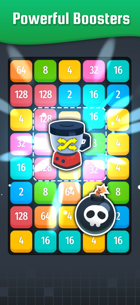 Number Connect - Link 2048 - Number Connect Link 2248ゲーム画面。強力なブースターとカラフルな数字タイルを表示