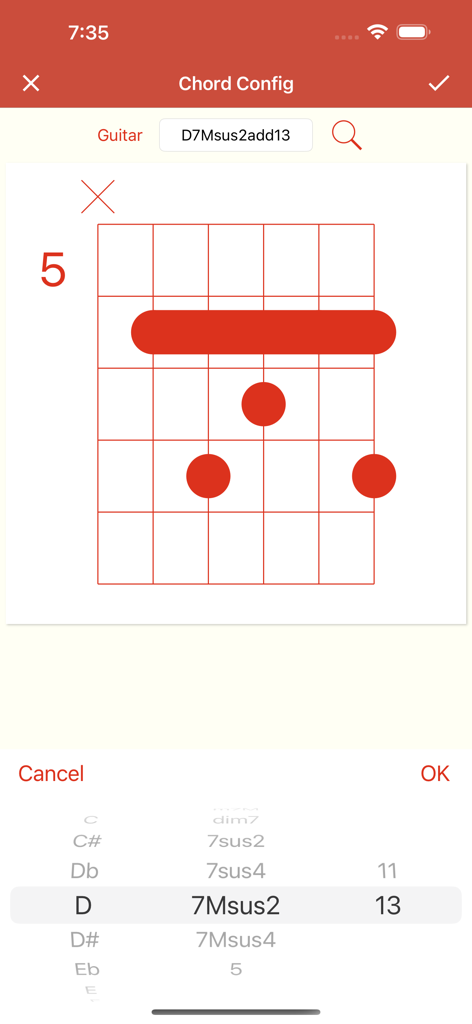 Guitar Notation Pro - Guitar chord configuration screen with a fretboard diagram and selection wheels for complex chords.