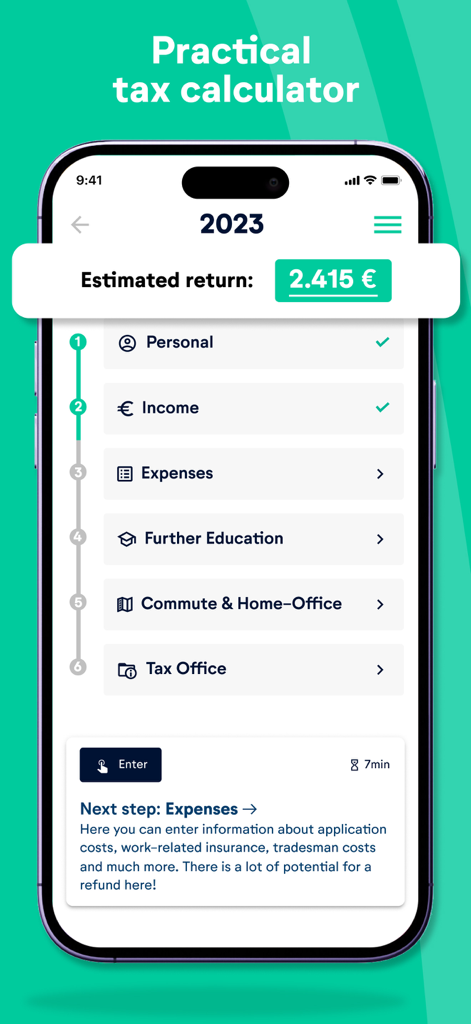 Interface of the wundertax app showing a 2023 tax return checklist in English with an estimated refund calculation.