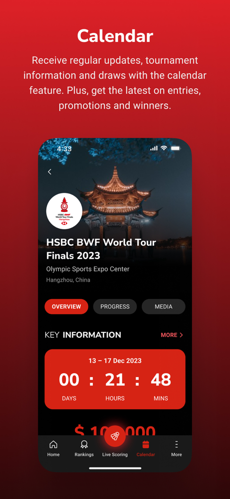 Badminton4U - Calendar screen in the Badminton4U app showing HSBC BWF World Tour Finals details and a countdown timer