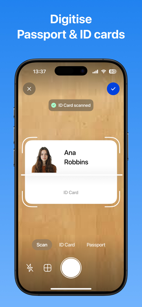 PDF Scanner - Scan & Convert - Smartphone app scanning an ID card for digital conversion