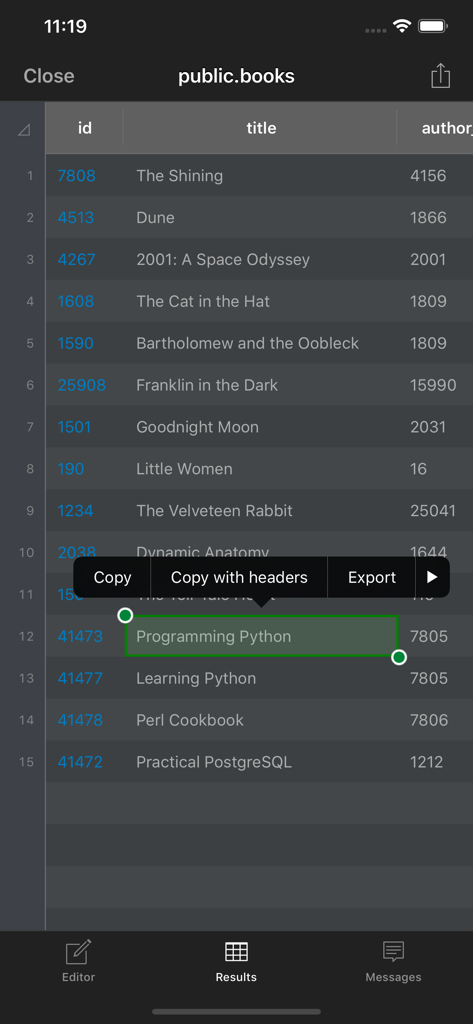 Tabela de resultados de consulta de banco de dados Postgres no aplicativo SQLPro mostrando títulos de livros e um menu de seleção