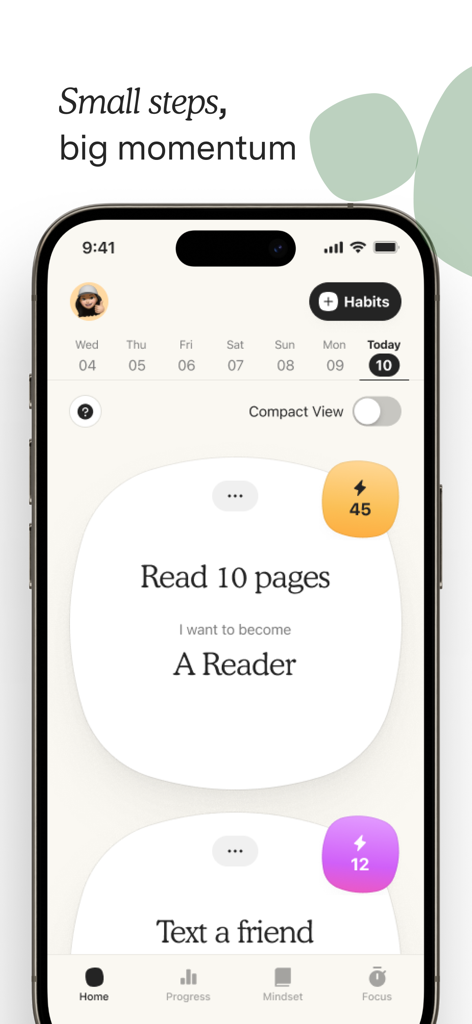 Atoms habit tracker app showing daily identity based habits on iPhone