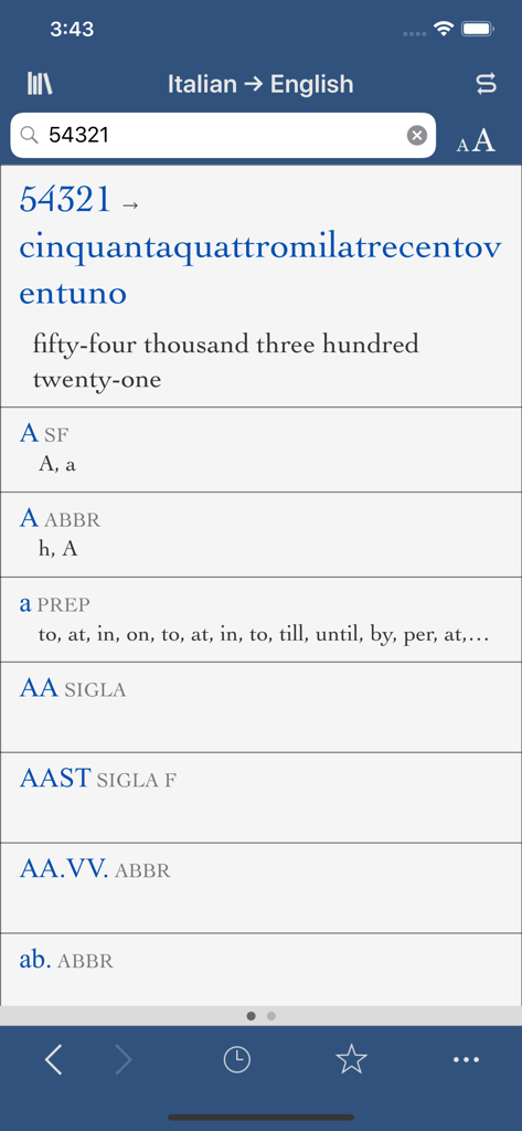 Collins Italian-English dictionary app interface showing the number translator and dictionary search results