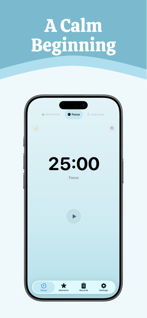 FocusFlow – Gentle - FocusFlow app screenshot showing a 25 minute Pomodoro timer on a minimalist blue interface