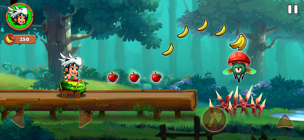 Jungle Adventures 4 - Addu riding a watermelon cart and collecting bananas in a jungle platformer level