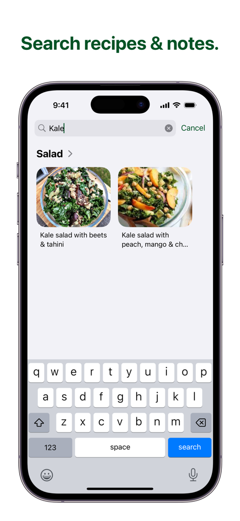 Schermata dell'iPhone che mostra una ricerca di ricette a base di cavolo nero nell'interfaccia dell'app Kale