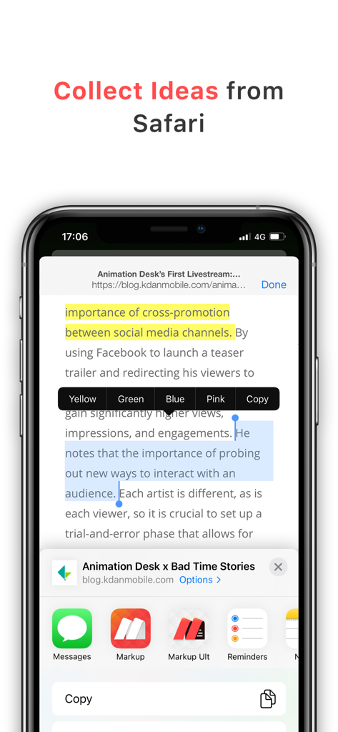 Markup Ultimate - Interfaccia dell'app Markup Ultimate che dimostra come evidenziare testo e raccogliere idee direttamente dal browser Safari su un iPhone.