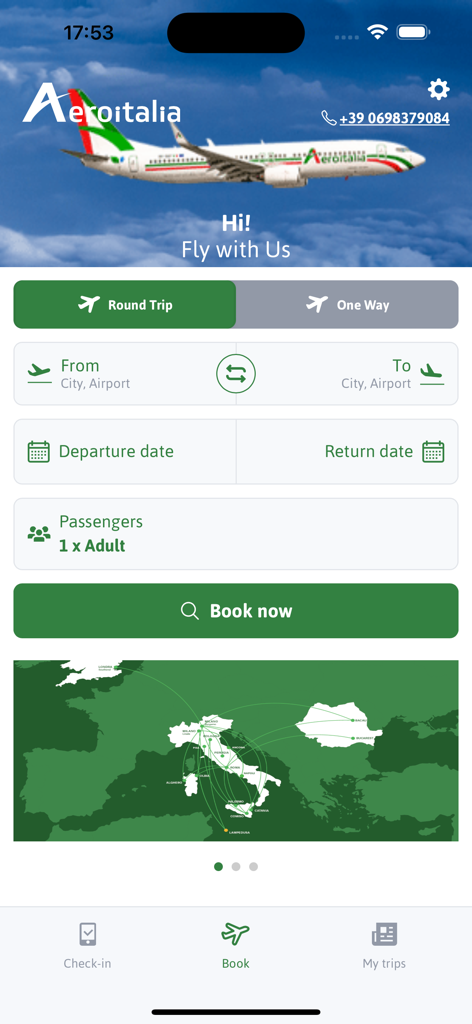 Interfaccia di prenotazione voli dell'app mobile Aeroitalia che mostra le opzioni di ricerca voli e la mappa del percorso.