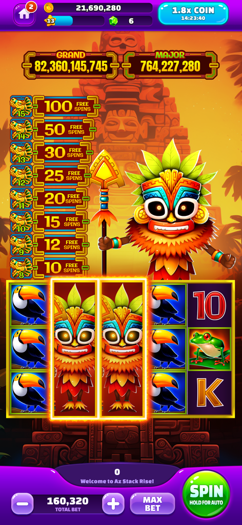 Golden Mango Casino Slot Games - Aztec themed slot machine gameplay in Golden Mango Casino featuring a colorful tribal mask character and tropical symbols
