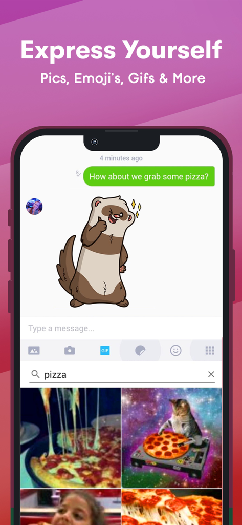 Interfaz de chat de Kik que muestra stickers expresivos y búsqueda de GIFs integrada