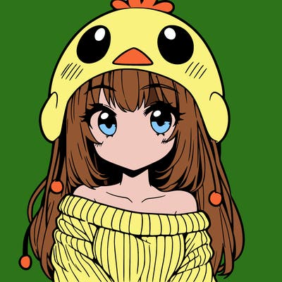 anime girl with chick shaped hat with sweater with bare shoulders with bangs covering them one eye with low tail