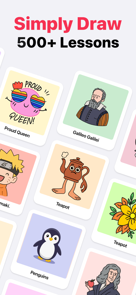 Eine Sammlung von Zeichenanleitungs-Karten in der ArtLoop-App, die verschiedene Charaktere und historische Figuren zeigen