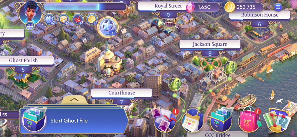 Ghost Detective - Mapa isométrico de la ciudad de Nueva Orleans en el juego móvil Ghost Detective que muestra ubicaciones de investigación como Jackson Square y el Palacio de Justicia