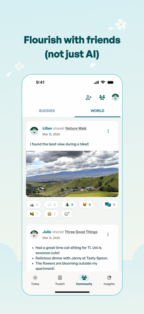 Flourish: 24/7 Wellness Buddy - Flourishアプリのコミュニティフィードのスクリーンショット。ユーザーが友人とのNature Walkや感謝リストなどのウェルネスアクティビティを共有しています。