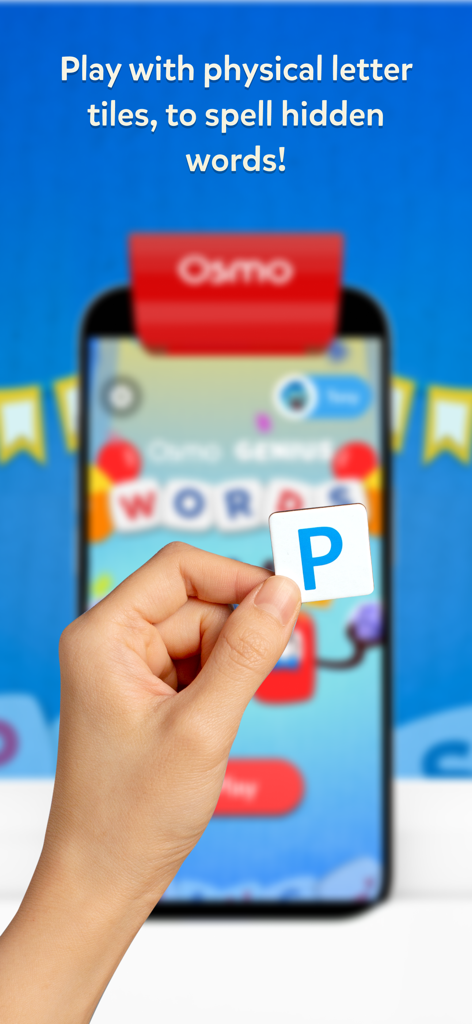 Osmo Words - A person holding a physical letter P tile in front of a smartphone running the Osmo Words app