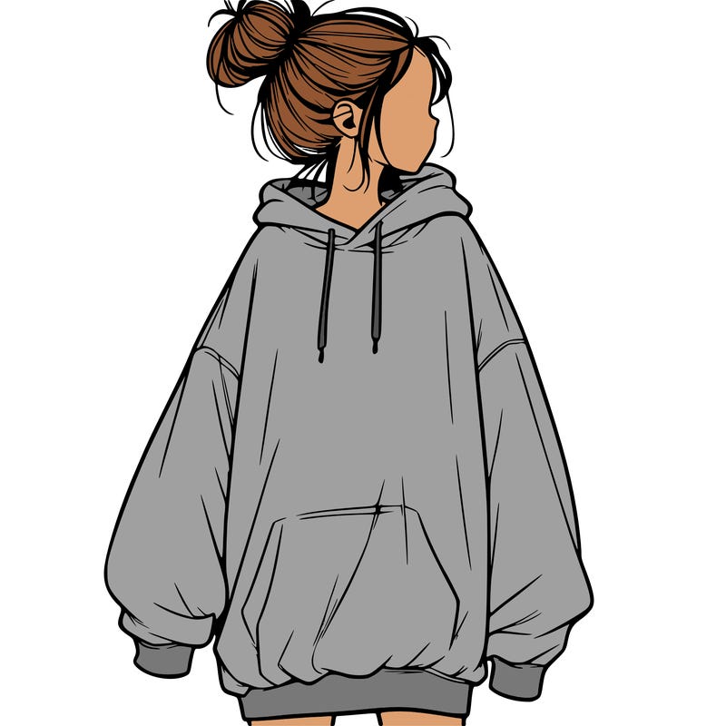 realistic girl with a oversized sweatshirt on and a bun