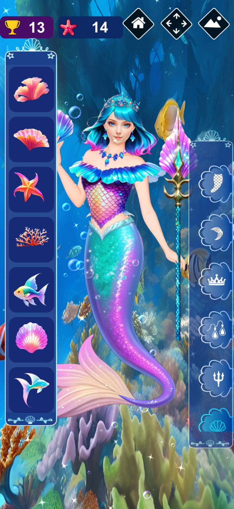 Mermaid Dress Up Game - Mermaid character customization screen with underwater background and accessory menus