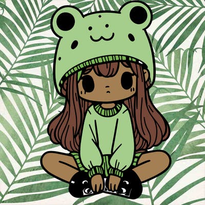 a girl wearing a frog hat and some frog socks