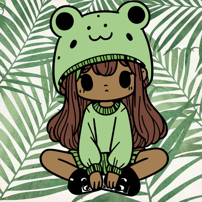 a girl wearing a frog hat and some frog socks