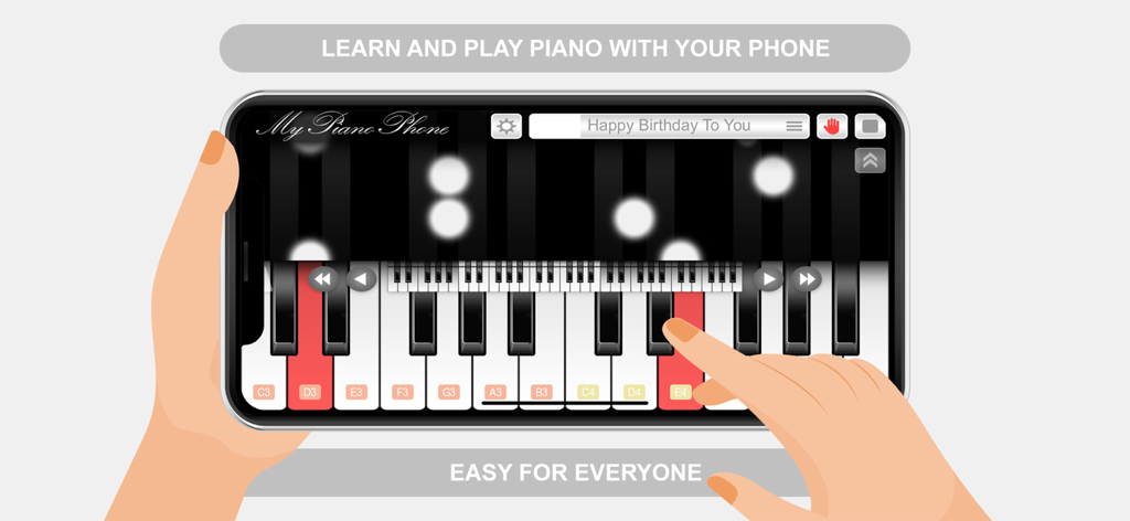 Uma pessoa tocando um piano virtual em um smartphone com indicadores de notas caindo para uma música