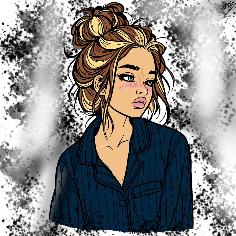 realistic woman with pajamas on and a messy bun