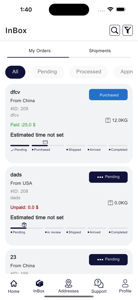 Moovit Express - The InBox screen of the Moovit Express app displaying a list of international orders with shipment status tracking and origin details.