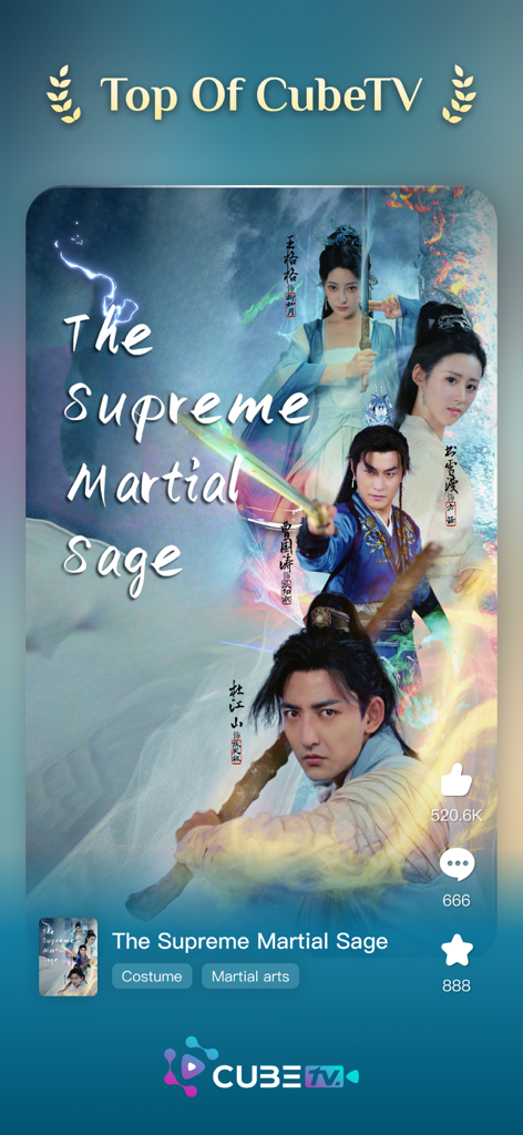 The Supreme Martial Sage costume drama on CubeTV app showing user likes and comments
