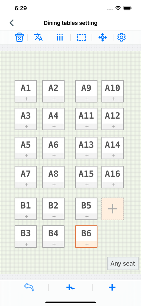 Interface of the PosKing app showing the dining tables setting screen for a restaurant floor plan.