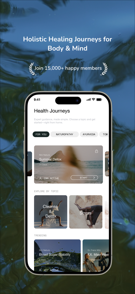 NIU Nature - NIU Nature app screen showing holistic health journeys for detox and stress relief