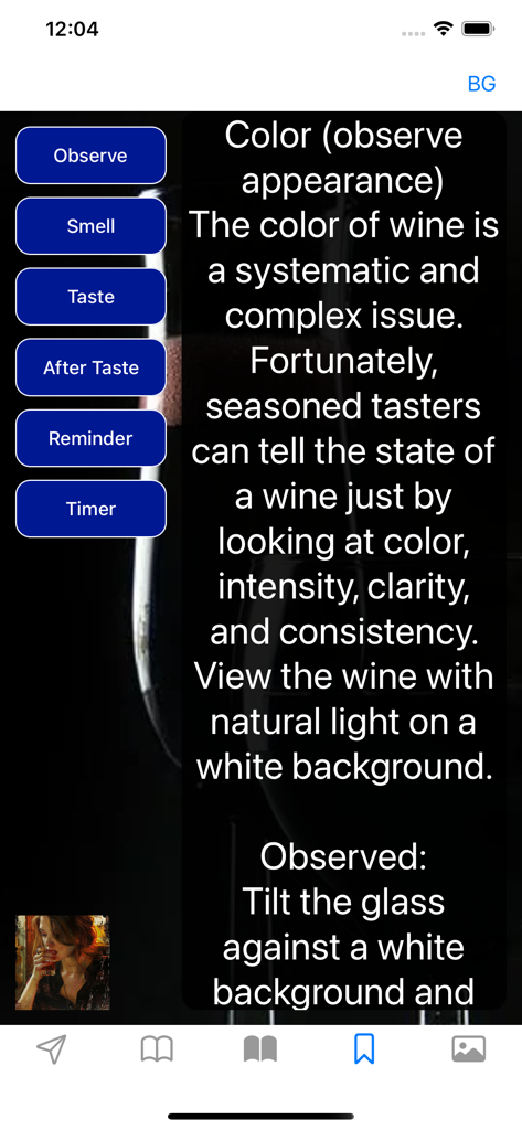 Interface do aplicativo móvel mostrando instruções para observação de cor de vinho e botões de navegação de degustação