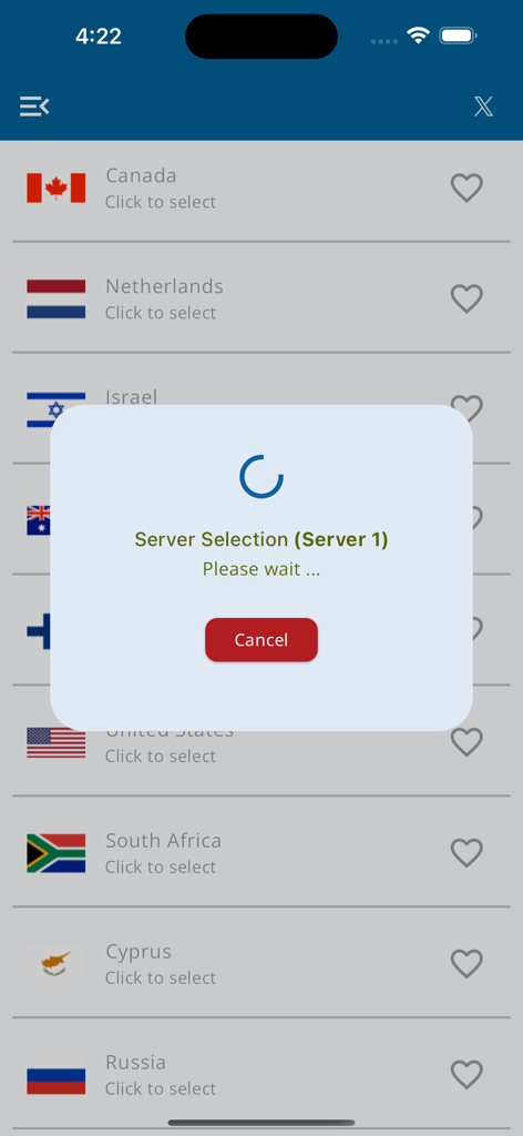 Hoxx VPN - Hoxx VPN server selection screen with a loading indicator and a list of international server locations