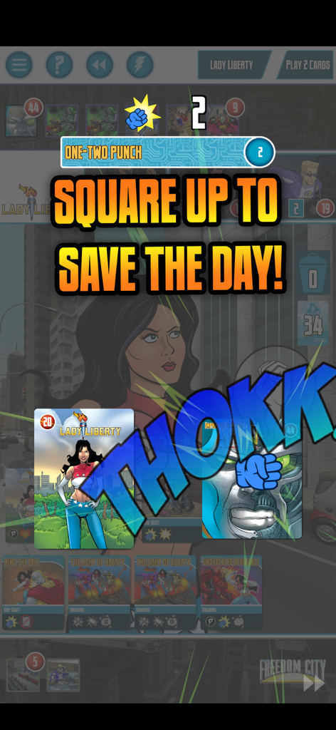 Lady Liberty realizando un ataque de uno-dos en el juego móvil Centinelas de Tierra-Prime.