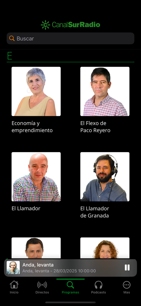 A list of radio programs in the Canal Sur Radio app showing different show hosts and titles like El Llamador and Economia y emprendimiento
