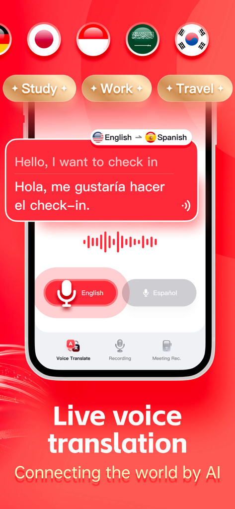 AI Voice Translate app interface showing live voice translation from English to Spanish for a travel check-in