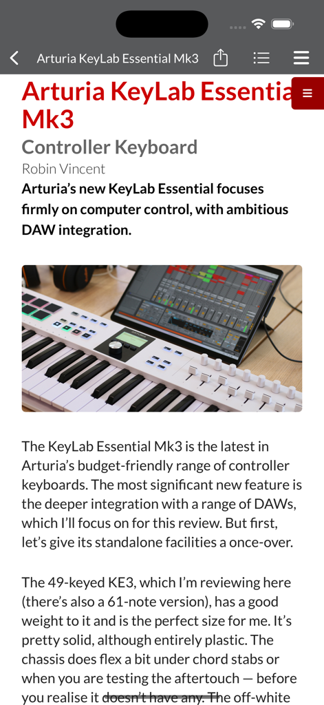 Sound On Sound USA - A professional gear review of the Arturia KeyLab Essential Mk3 controller keyboard inside the Sound On Sound app.